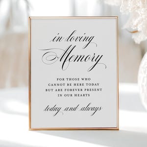 May include: A framed sign with gold trim and white background. The sign reads "in loving Memory" in elegant script, followed by text that says "FOR THOSE WHO CANNOT BE HERE TODAY BUT ARE FOREVER PRESENT IN OUR HEARTS today and always."
