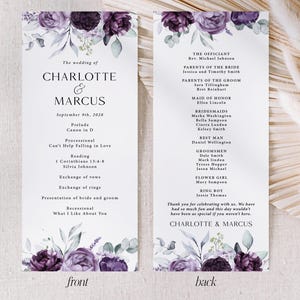 May include: A wedding program with a floral design in shades of purple and gray. The front of the program lists the names Charlotte & Marcus, the wedding date, and the order of events. The back lists the officiant, wedding party, and a thank you message.