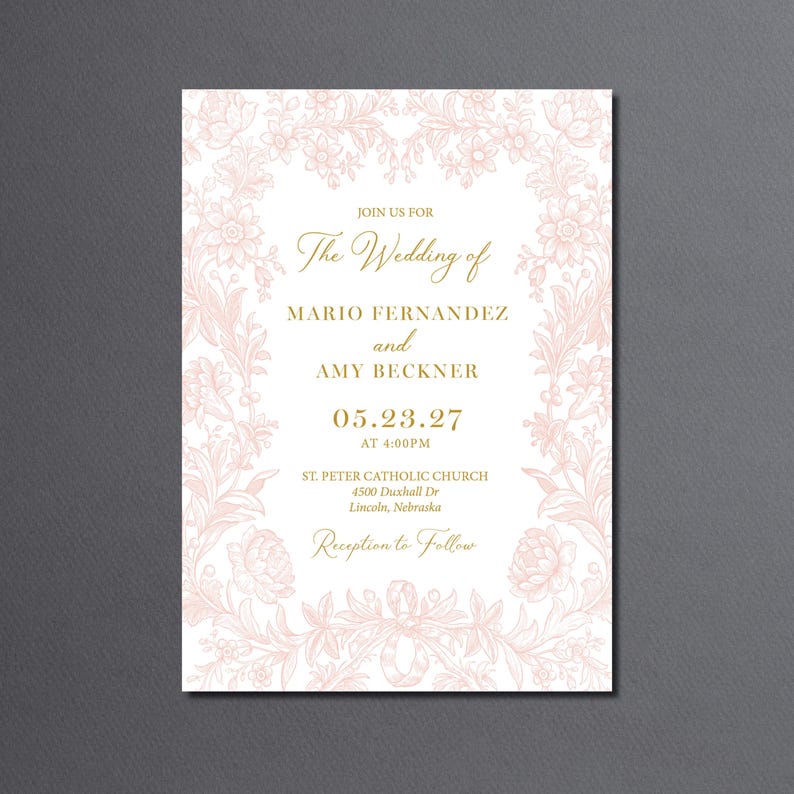 Blush Pink and Gold Wedding Invitation Suite Printed: Floral Details ...