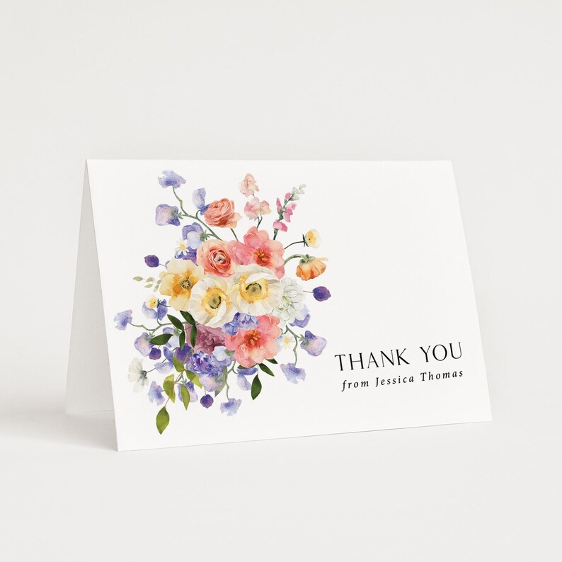 Floral Bridal Shower Thank You Card Printed and Personalized: with Envelopes, pastel wildflowers, T122 image 3