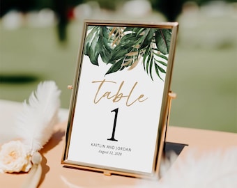 Tropical Wedding Table Numbers Printed and Personalized, 5x7, 4x6, gold destination wedding, TN109