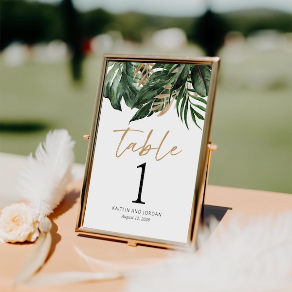 Tropical Wedding Table Numbers Printed and Personalized, 5x7, 4x6, gold destination wedding, TN109