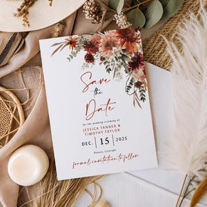 Fall Wedding Save the Date Card printed and personalized: includes envelopes, terracotta florals, S120