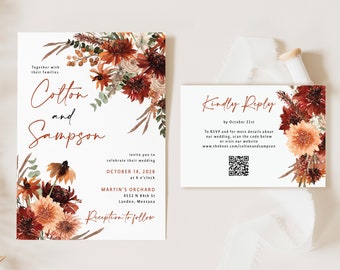 Fall Wedding Invitation with QR code Printed, fall floral wedding invitation, terracotta wedding invite, rust wedding, W151