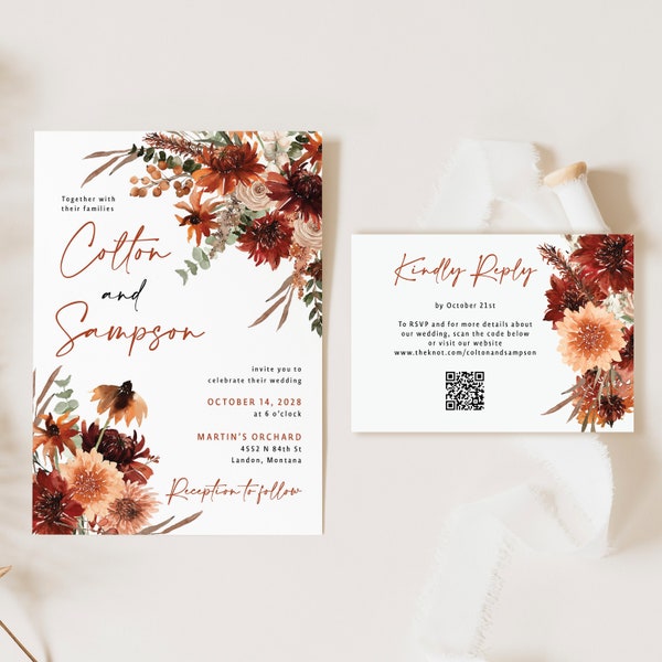 Fall Wedding Invitation with QR code Printed, fall floral wedding invitation, terracotta wedding invite, rust wedding, W151