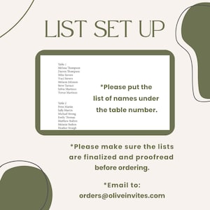a list of names and instructions for setting up a table, with a green and white color scheme.