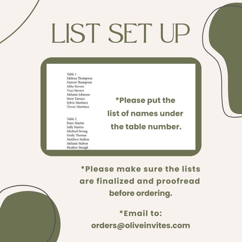 a list of names and instructions for setting up a table, with a green and white color scheme.
