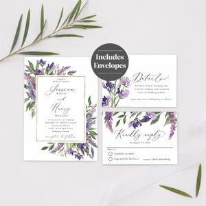 Purple and Gold Wedding Invitation Suite printed: mail in RSVP details card, floral, W127 image 2