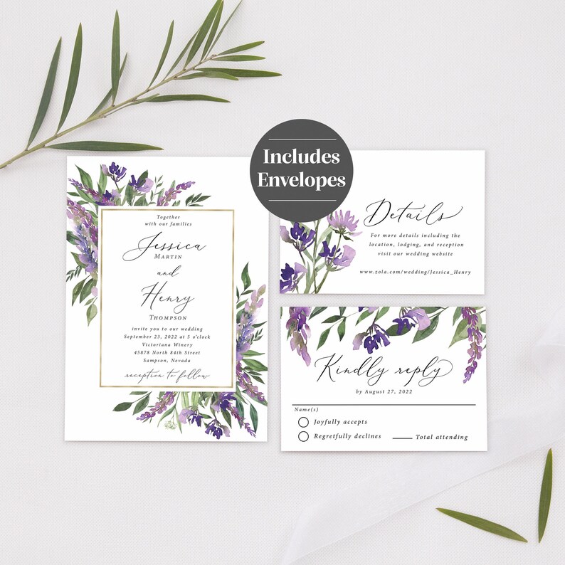 Purple and Gold Wedding Invitation Suite printed: mail in RSVP details card, floral, W127 image 2