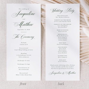May include: A white wedding program card with black text. The front lists The wedding of Jacqueline and Matthew, September 9, 2028, and The Ceremony details. The back lists the Wedding Party, including the officiant, parents, and attendants.