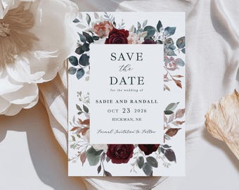 Blush and Burgundy Floral Save the Date Card printed: personalized fall or winter wedding, S162