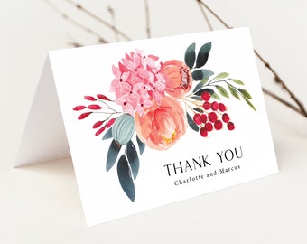 Bright Floral Wedding Thank You Card printed, with Envelopes, Folded Thank You Card, printed