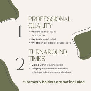 a list of options for a professional quality card stock, size options, and turnaround times, with a note that frames and holders are not included.