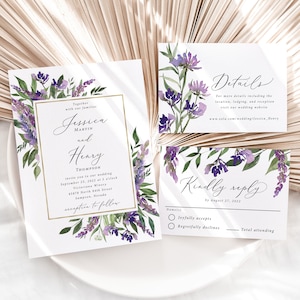 Purple and Gold Wedding Invitation printed, purple floral wedding, purple flower wedding invitation, with RSVP, Details card, W127