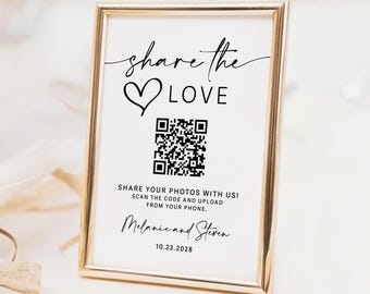 Share the Love Wedding Photo QR Sign Printed: personalized share reception pictures, WS129