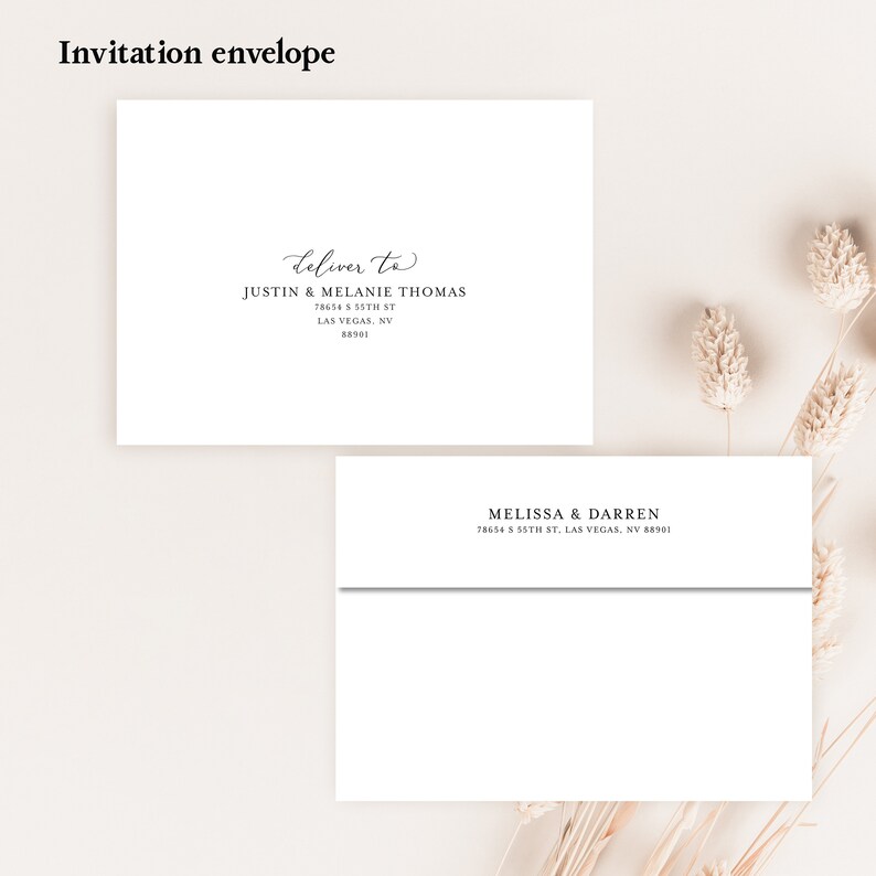 May include: Two white envelopes with black text. The top envelope has the text "deliver to" followed by "JUSTIN & MELANIE THOMAS" and their address. The bottom envelope has the text "MELISSA & DARREN" and their address.