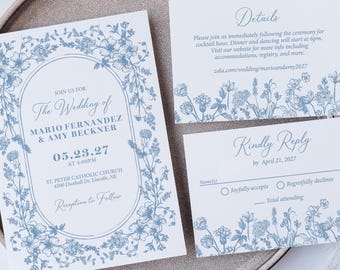 Dusty Blue Wedding Invitation Suite Printed: rsvp and details cards, summer spring florals, W294