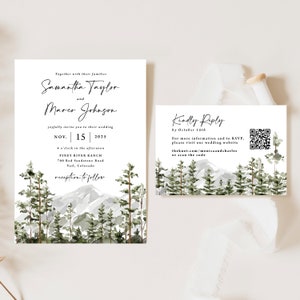 Mountain Wedding Invite with QR code, Printed invitation suite, Colorado, rustic wedding, pine trees, watercolor, forest, script font, W196