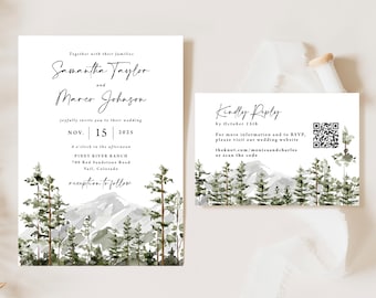 Mountain Wedding Invite with QR code, Printed invitation suite, Colorado, rustic wedding, pine trees, watercolor, forest, script font, W196