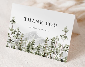 Mountain Wedding Thank You Cards Printed, personalized folded, pine trees, forest shower T140