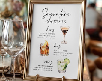 Signature Drinks Wedding Sign Printed: Hers His Ours, watercolor cocktails, bar menu, WS152