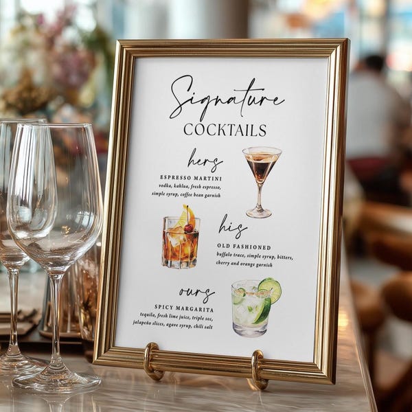 Signature Drinks Wedding Sign Printed: Hers His Ours, watercolor cocktails, bar menu, WS152