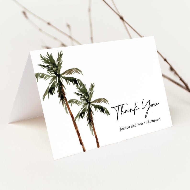 Palm Tree Wedding Thank You Card Printed, Folded with Envelopes, tropical destination, T123 image 7