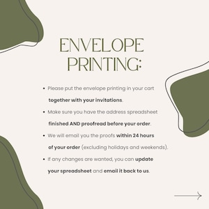 May include: A graphic with green abstract shapes and white text that reads "ENVELOPE PRINTING:". The text below the title provides instructions for ordering envelope printing, including adding it to the cart with invitations, proofreading the address spreadsheet, and receiving proofs within 24 hours.