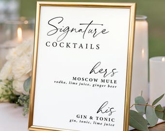 Printed Signature Cocktail Sign: Modern Black & White His and Hers Bar Menu WS108