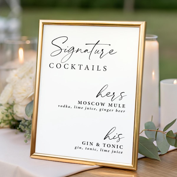 Printed Signature Cocktail Sign: Modern Black & White His and Hers Bar Menu WS108