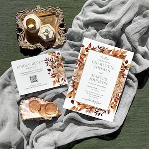 Fall Wedding Invitation Suite with QR code Printed: rsvp detail card, includes envelopes, W156