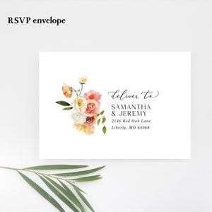 May include: A white envelope with a floral design and the text "deliver to SAMANTHA & JEREMY 2146 Red Oak Lane Liberty, MO 64068"