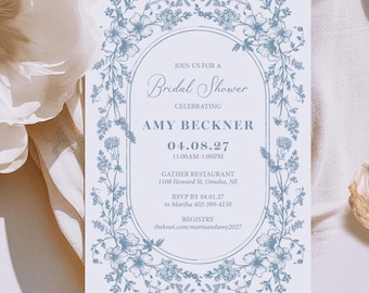 Dusty Blue Bridal Shower Invitation Printed: includes envelopes, elegant French toile florals, B140