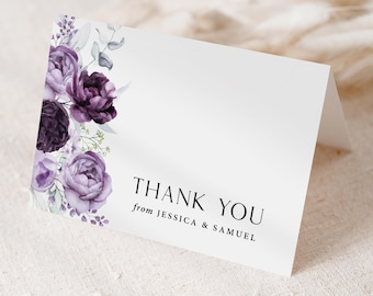 Dark Purple Floral Wedding Thank You Cards: Personalized Names, includes Envelopes T128