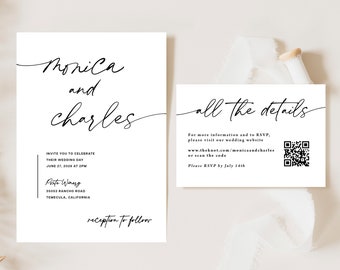 Minimalist Wedding Invitation printed, RSVP with qr code, black and white, modern wedding, simple invites, invitation suite, W125