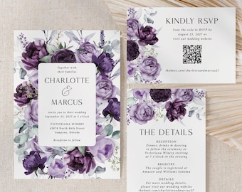 Dark Purple Floral Wedding Invitation Suite: rsvp and details cards, includes envelopes, W295