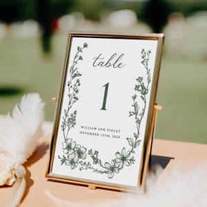 Dark Green Floral Wedding Table Number Signs Printed: reception decor TN131