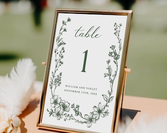 Dark Green Floral Wedding Table Number Signs Printed: reception decor TN131