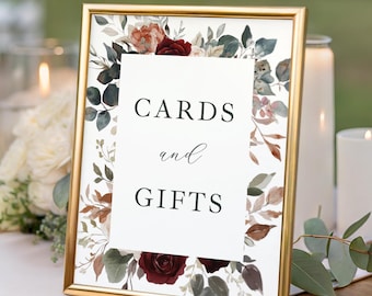 Burgundy Floral Cards and Gifts Sign printed: reception decor bridal shower, WS139