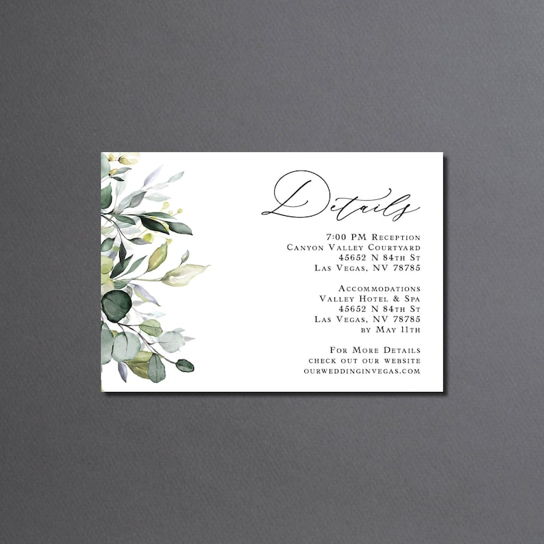 Eucalyptus Wedding Invitation Suite Printed: RSVP and Details Card, includes envelopes, W162 image 7