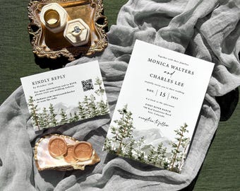 Mountain Wedding Invitation QR Suite Printed: Colorado Rustic Watercolor Forest Pine Tree, W193