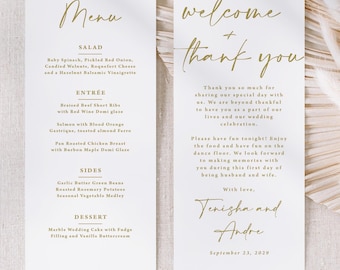 Gold Wedding Menu and Thank You Card Printed, Double Sided, Simple Welcome, M123