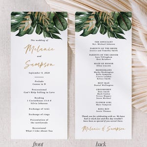 Tropical Wedding Program Printed: church order of ceremony, 4x9 inches, wedding party P102