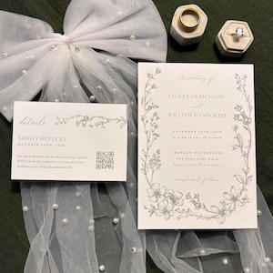 Sage Green Florals Wedding Invitation Suite with QR code rsvp Printed: elegant W301