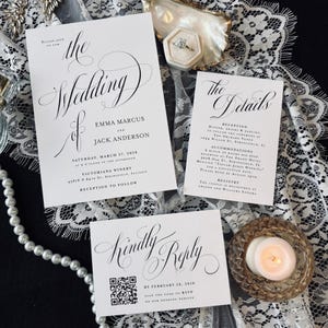 Classic Wedding Invitation Suite qr code printed: envelopes, rsvp card, details card, calligraphy