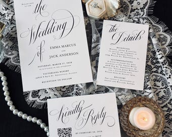 Classic Wedding Invitation Suite qr code printed: envelopes, rsvp card, details card, calligraphy, W251
