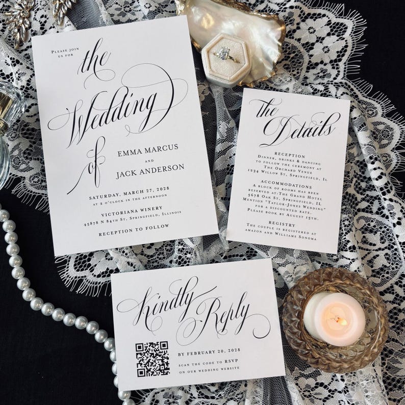 Classic Wedding Invitation Suite qr code printed: envelopes, rsvp card, details card, calligraphy