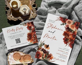 Fall Wedding Invitation with QR code Printed: terracotta florals, rsvp details card, envelopes, W151