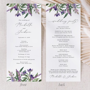 Purple Floral Wedding Program Printed: church order of ceremony, 4x9 inches, wedding party P106