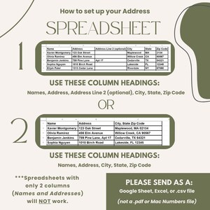 May include: A guide on how to set up an address spreadsheet for a business or personal use. The image shows two different ways to format the spreadsheet, with column headings for names, addresses, city, state, and zip code. It also includes instructions on how to send the spreadsheet as a Google Sheet, Excel, or .csv file.